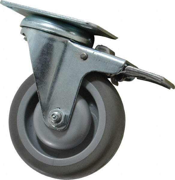 Shepherd - 4" Diam x 1-1/4" Wide x 5-1/4" OAH Top Plate Mount Swivel Caster with Brake - Polyurethane, 200 Lb Capacity, Ball Bearing, 2-5/8 x 3-3/4" Plate - Eagle Tool & Supply