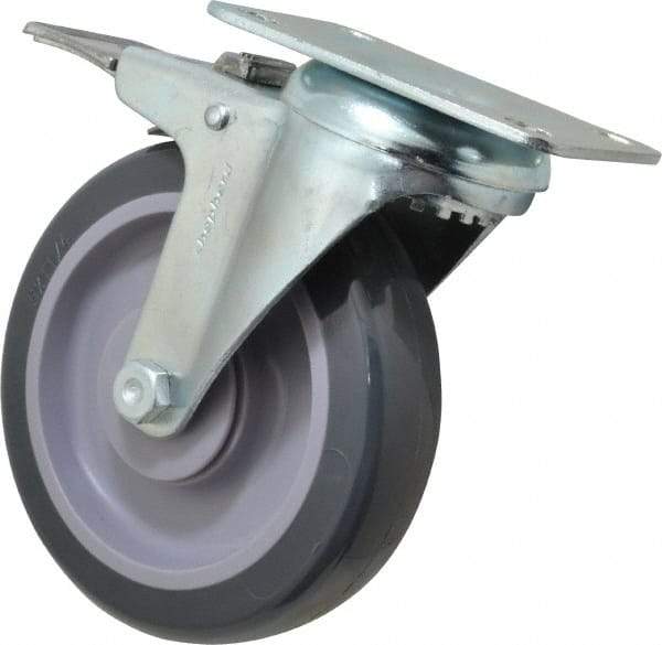 Shepherd - 5" Diam x 1-1/4" Wide x 6-1/4" OAH Top Plate Mount Swivel Caster with Brake - Polyurethane, 225 Lb Capacity, Ball Bearing, 2-5/8 x 3-3/4" Plate - Eagle Tool & Supply