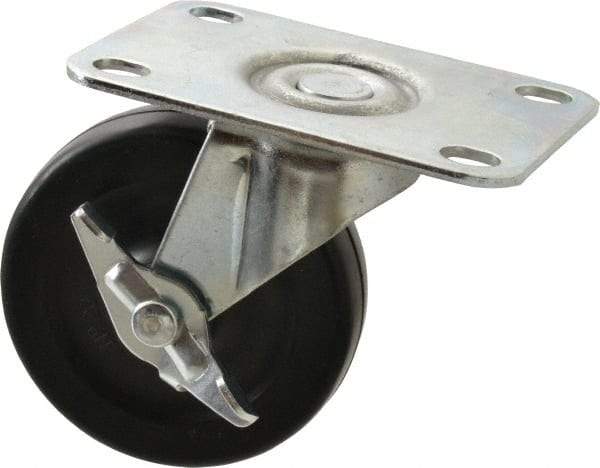 Shepherd - 3" Diam x 13/16" Wide x 3-1/2" OAH Top Plate Mount Swivel Caster with Brake - Soft Rubber, 110 Lb Capacity, Nylon Bearing, 2-5/8 x 3-3/4" Plate - Eagle Tool & Supply