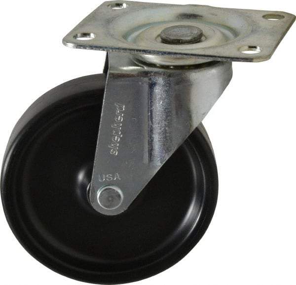 Shepherd - 4" Diam x 15/16" Wide x 4-3/4" OAH Top Plate Mount Swivel Caster - Polyolefin, 150 Lb Capacity, Plain Bearing, 2-5/8 x 3-3/4" Plate - Eagle Tool & Supply