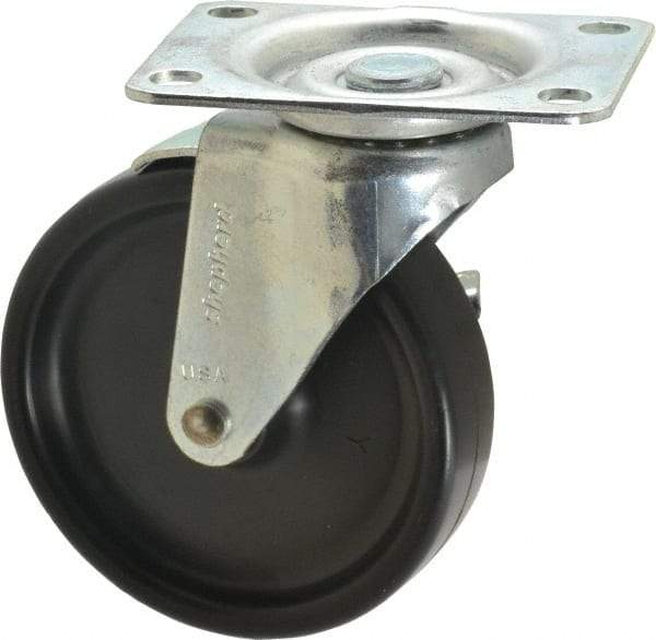 Shepherd - 4" Diam x 15/16" Wide x 4-3/4" OAH Top Plate Mount Swivel Caster with Brake - Polyolefin, 150 Lb Capacity, Plain Bearing, 2-5/8 x 3-3/4" Plate - Eagle Tool & Supply