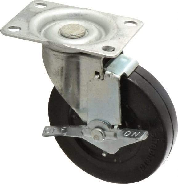 Shepherd - 4" Diam x 15/16" Wide x 4-3/4" OAH Top Plate Mount Swivel Caster with Brake - Soft Rubber, 125 Lb Capacity, Nylon Bearing, 2-5/8 x 3-3/4" Plate - Eagle Tool & Supply