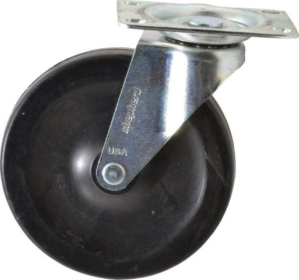Shepherd - 5" Diam x 15/16" Wide x 5-3/4" OAH Top Plate Mount Swivel Caster - Soft Rubber, 135 Lb Capacity, Nylon Bearing, 2-5/8 x 3-3/4" Plate - Eagle Tool & Supply