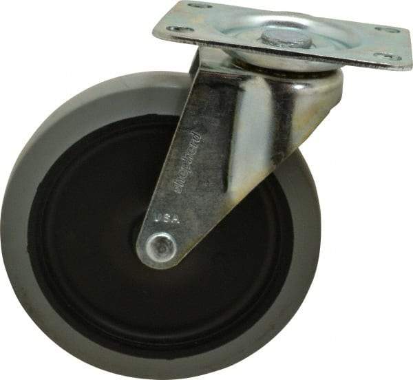 Shepherd - 5" Diam x 15/16" Wide x 5-3/4" OAH Top Plate Mount Swivel Caster - TPR, 135 Lb Capacity, Plain Bearing, 2-5/8 x 3-3/4" Plate - Eagle Tool & Supply
