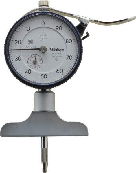 Mitutoyo - 0 to 8 Inch Range, Carbide Tipped Ball Point, White Dial Depth Gage - 0.001 Inch Graduation, 0.002 Inch Accuracy, 1 Inch Travel, 2-1/2 Inch Base Measuring Length - Eagle Tool & Supply