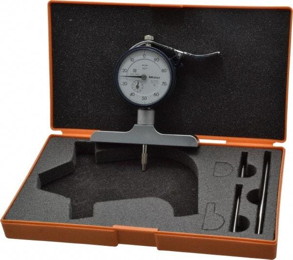 Mitutoyo - 0 to 8 Inch Range, Carbide Tipped Ball Point, White Dial Depth Gage - 0.001 Inch Graduation, 0.002 Inch Accuracy, 1 Inch Travel, 4 Inch Base Measuring Length - Eagle Tool & Supply