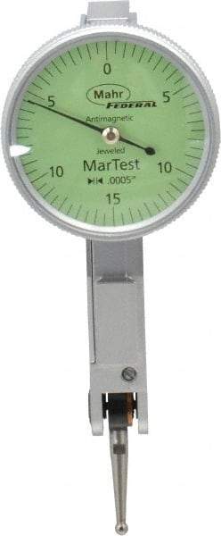 Mahr - 0.015 Inch Range, 0.0005 Inch Dial Graduation, Horizontal Dial Test Indicator - 1.1 Inch Green Dial, 0-15-0 Dial Reading - Eagle Tool & Supply