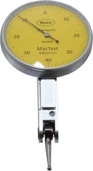 Mahr - 0.4 mm Range, 0.01 mm Dial Graduation, Horizontal Dial Test Indicator - 38 mm Yellow Dial, 0-40-0 Dial Reading - Eagle Tool & Supply