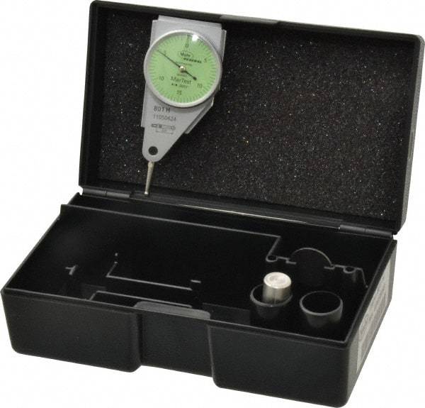Mahr - 0.015 Inch Range, 0.0005 Inch Dial Graduation, Horizontal Dial Test Indicator - 1.1 Inch Green Dial, 0-15-0 Dial Reading - Eagle Tool & Supply