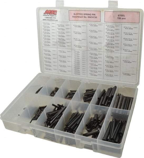 Made in USA - 750 Piece, 1/16 to 7/16" Pin Diam, Spring Pin Assortment - Steel - Eagle Tool & Supply