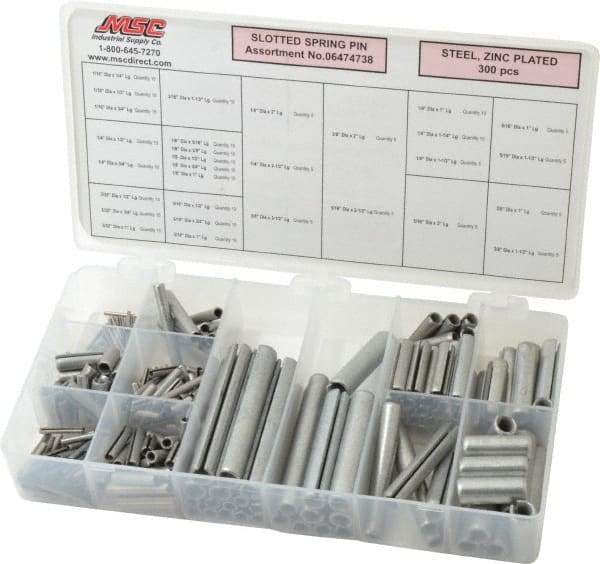 Made in USA - 300 Piece, 1/16 to 3/8" Pin Diam, Spring Pin Assortment - Zinc, Zinc Plated - Eagle Tool & Supply