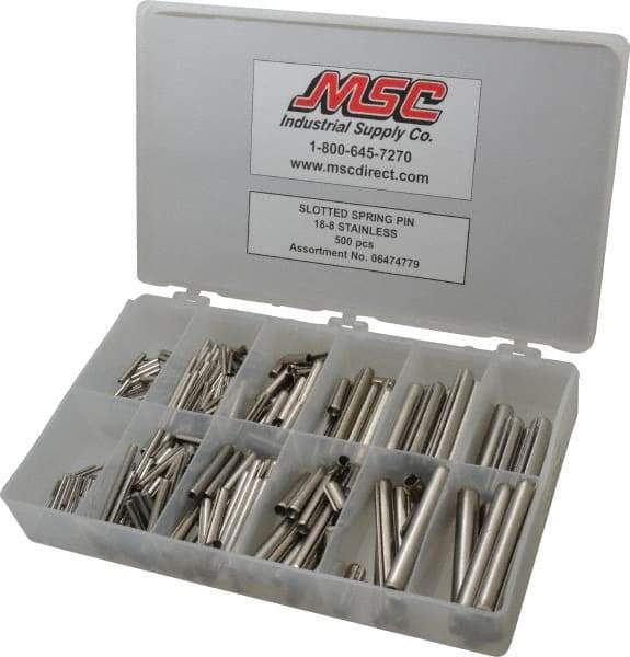 Made in USA - 500 Piece, 1/16 to 7/16" Pin Diam, Spring Pin Assortment - 18-8 Stainless Steel - Eagle Tool & Supply