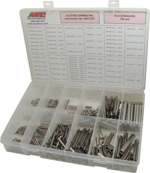 Made in USA - 750 Piece, 1/16 to 7/16" Pin Diam, Spring Pin Assortment - 18-8 Stainless Steel - Eagle Tool & Supply