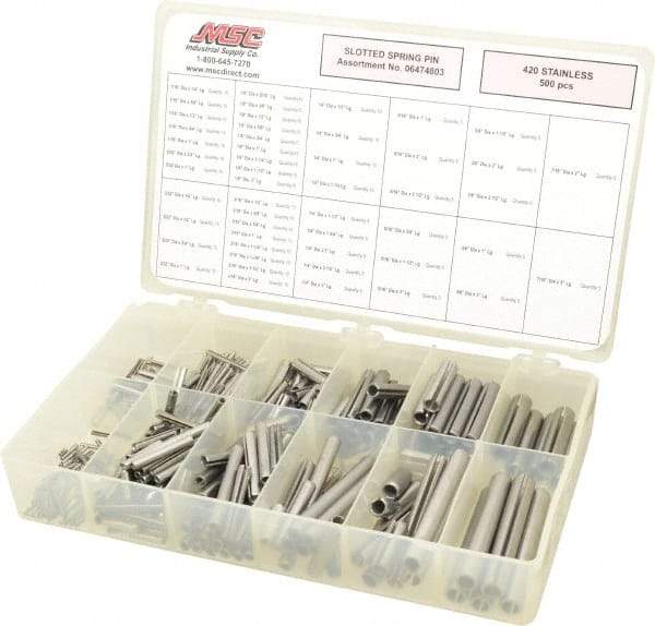 Made in USA - 500 Piece, 1/16 to 7/16" Pin Diam, Spring Pin Assortment - 420 Stainless Steel - Eagle Tool & Supply