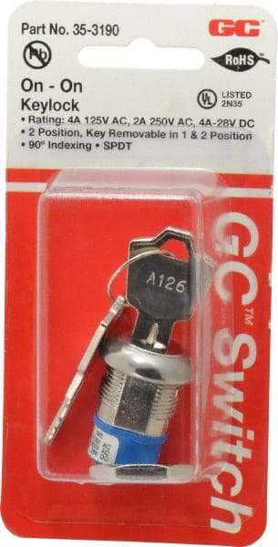 GC/Waldom - 4 Amp at 125 Volt, SPDT, 4 Tumbler Key Switch with Detent - Solder Terminal, 0.76 Inch Mount Hole Diameter, 0.931 Inch Cylinder Length, On-On Sequence - Eagle Tool & Supply