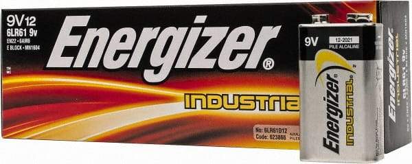 Energizer - Size 9V, Alkaline, 12 Pack, Standard Battery - 9 Volts, Miniature Snap Terminal, 6LR61, ANSI, IEC Regulated - Eagle Tool & Supply