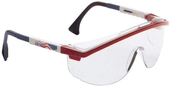 Uvex - Clear Lenses, Framed Safety Glasses - Anti-Fog, Scratch Resistant, Red/White/Blue Plastic Frame, Adjustable Temples, Size Universal, Wrap Around - Eagle Tool & Supply