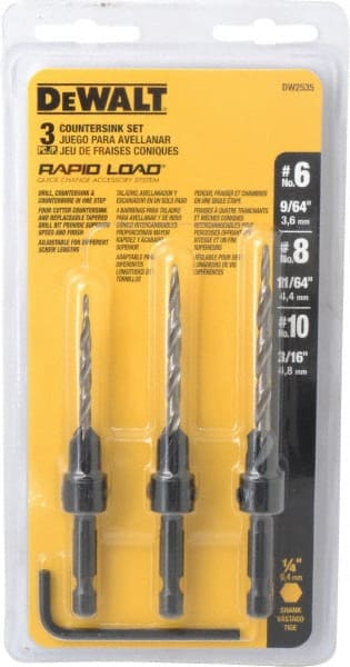 DeWALT - 3 Piece, 0.13 to 0.19" Head Diam, 77 to 83° Included Angle, Single End Countersink Set - Eagle Tool & Supply