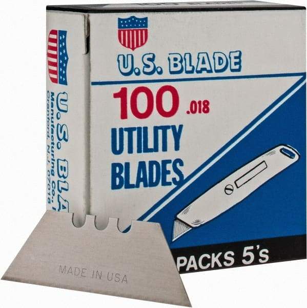 U.S. Blade - 100 Piece Steel Utility Knife Blade - 2" OAL, 0.017" Blade Thickness - Eagle Tool & Supply