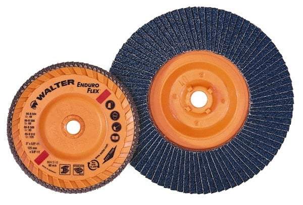 WALTER Surface Technologies - 4-1/2 Inch Diameter x 5/8-11 Threaded Hole Coated Zirconia Alumina Flap Disc - 120 Grit, 13,300 Max RPM, Fine Grade - Eagle Tool & Supply
