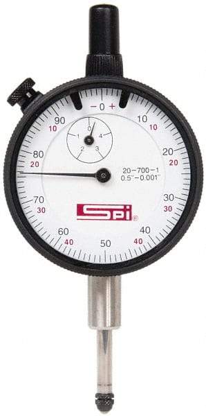SPI - 1/2" Range, 0-100, 0-50-0 Dial Reading, 0.001" Graduation Dial Drop Indicator - 2-1/4" Dial, 0.1" Range per Revolution, Revolution Counter, Includes NPL Traceability Certification - Eagle Tool & Supply