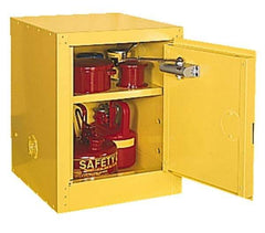 Eagle - 1 Door, 1 Shelf, Yellow Steel Space Saver Safety Cabinet for Flammable and Combustible Liquids - 44" High x 23" Wide x 18" Deep, Manual Closing Door, 3 Point Key Lock, 16 Gal Capacity - Eagle Tool & Supply