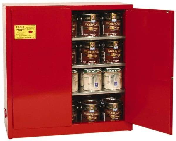 Eagle - 2 Door, 3 Shelf, Red Steel Standard Safety Cabinet for Flammable and Combustible Liquids - 44" High x 43" Wide x 18" Deep, Manual Closing Door, 3 Point Key Lock, 40 Gal Capacity - Eagle Tool & Supply