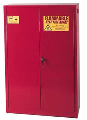 Eagle - 2 Door, 5 Shelf, Red Steel Standard Safety Cabinet for Flammable and Combustible Liquids - 65" High x 43" Wide x 18" Deep, Manual Closing Door, 3 Point Key Lock, 60 Gal Capacity - Eagle Tool & Supply