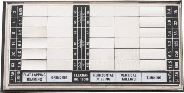 Flexbar - 2 to 500 AA micro Inch Surface Finish, Nickel, Surface Finish Comparator - 30 Specimens, Includes 2, 4, 8, 16, 32, 63, 125, 250 and 500 AA micro Inch Surface Finishes, Includes Instructions and Case - Eagle Tool & Supply