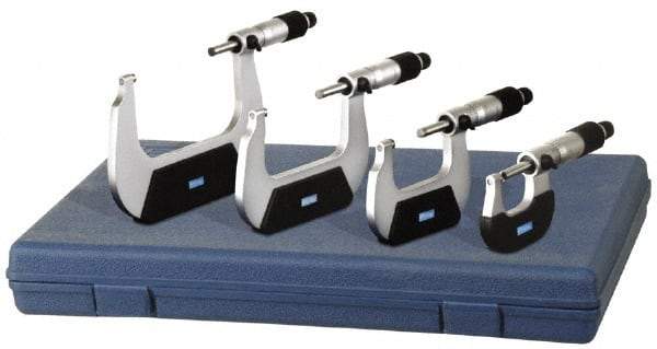 Fowler - 0 to 4" Range, 4 Piece Mechanical Outside Micrometer Set - 0.0001" Graduation, 0.0001 (0 to 2)" Accuracy, Ratchet-Friction Thimble, Carbide Tipped Face - Eagle Tool & Supply