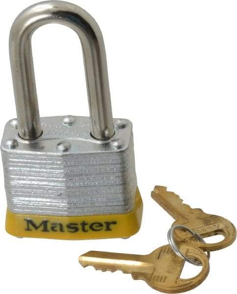 Master Lock - Keyed Alike Retaining Key Conductive Lockout Padlock - 1-1/2" Shackle Clearance, 9/32" Shackle Diam, 1-1/4" Body Height x 1-9/16" Body Width, Yellow, 4 Pins - Eagle Tool & Supply