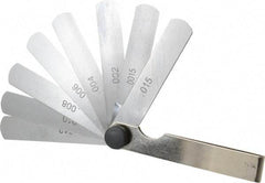 Value Collection - 9 Piece, 0.0015 to 0.015" Thick, Parallel Feeler Gage Set - 3" Leaf Length, 1/2" Wide, Tempered Steel - Eagle Tool & Supply