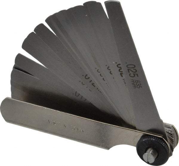 PEC Tools - 26 Piece, 0.0015 to 0.025" Thick, Tapered Feeler Gage Set - 3" Leaf Length, 0.3333" Wide, Tempered Steel - Eagle Tool & Supply