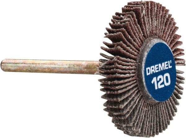 Dremel - 3/16" Diam, Fine Aluminum Oxide Coated Mounted Flap Wheel - 1/8" Shank Mount, 120 Grit - Eagle Tool & Supply