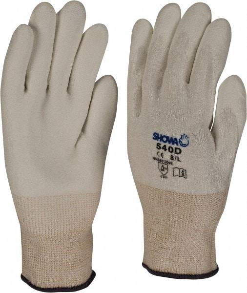 SHOWA - Size L (9), ANSI Cut Lvl 2, Puncture Lvl 2, Abrasion Lvl 6, Polyurethane Coated Cut Resistant Gloves - Palm Coated, HPPE Lining, Knit Wrist, White, Paired - Eagle Tool & Supply