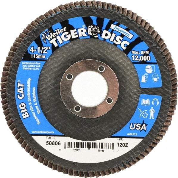 Weiler - 120 Grit, 4-1/2" Disc Diam, 7/8" Center Hole, Type 27 Zirconia Alumina Flap Disc - 12,000 Max RPM, Phenolic Backing, Arbor Attaching System, Coated - Eagle Tool & Supply