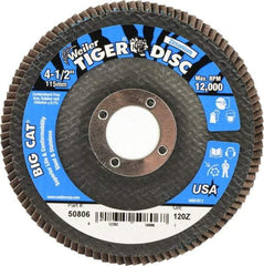 Weiler - 120 Grit, 4-1/2" Disc Diam, 7/8" Center Hole, Type 27 Zirconia Alumina Flap Disc - 12,000 Max RPM, Phenolic Backing, Arbor Attaching System, Coated - Eagle Tool & Supply