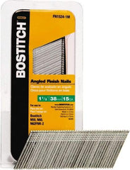 Stanley Bostitch - 15 Gauge 0.07" Shank Diam 1-1/2" Long Finishing Nails for Power Nailers - Steel, Bright Finish, Smooth Shank, Angled Stick Adhesive Collation, Round Head, Chisel Point - Eagle Tool & Supply