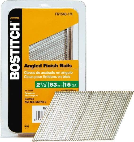 Stanley Bostitch - 15 Gauge 0.07" Shank Diam 2-1/2" Long Finishing Nails for Power Nailers - Steel, Bright Finish, Smooth Shank, Angled Stick Adhesive Collation, Round Head, Chisel Point - Eagle Tool & Supply