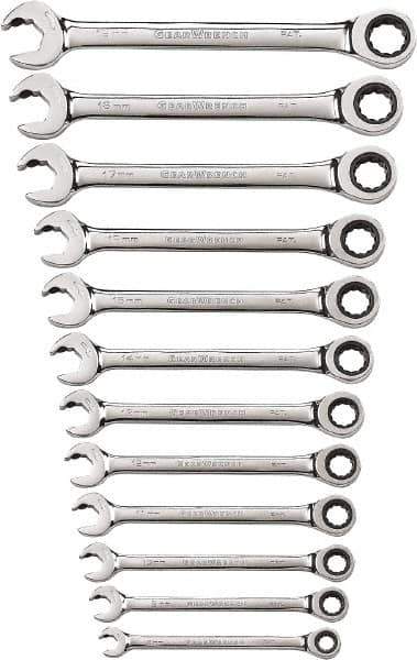 GearWrench - 12 Piece, 8mm to 19mm, 12 Point Ratcheting Combination Wrench Set - Metric Measurement Standard, Chrome Finish - Eagle Tool & Supply