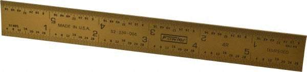 Fowler - 6" Long, 1/64, 1/32, 1/16, 1/8" Graduation, Rigid Steel Rule - 4R Graduation Style, 3/4" Wide, Yellow, Titanium Finish - Eagle Tool & Supply