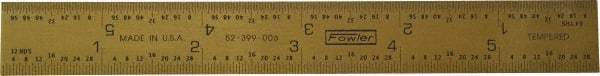 Fowler - 6" Long, 1/64, 1/32" and 0.5, 1mm Graduation, Rigid Steel Rule - English/Metric Graduation Style, 1/2" Wide, Yellow, Titanium Finish - Eagle Tool & Supply