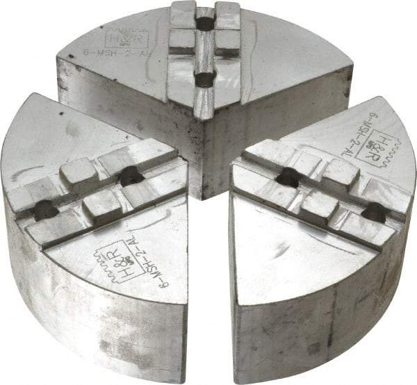 H & R Manufacturing - 6" Chuck Capacity, Tongue & Groove Attachment, Round Soft Lathe Chuck Jaw - 3 Jaws, Aluminum, 1-1/2" Btw Mount Hole Ctrs, 3" Long x 6" Wide x 2" High, 5/16" Groove - Eagle Tool & Supply