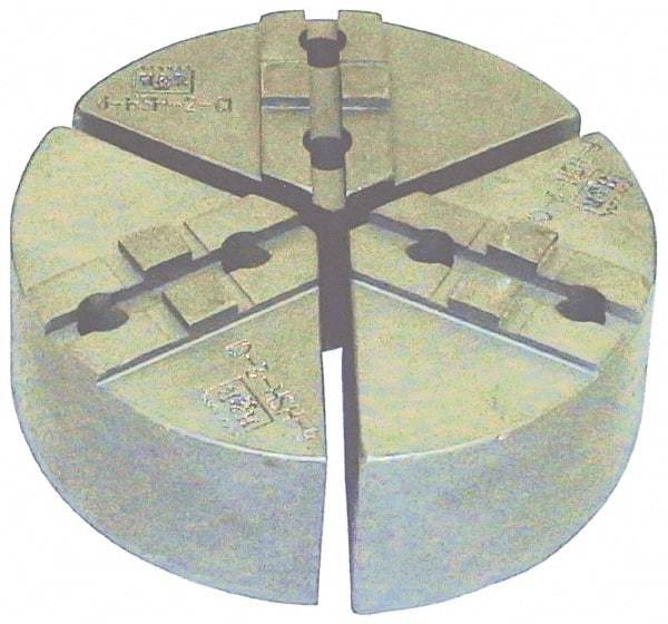 H & R Manufacturing - 6" Chuck Capacity, Tongue & Groove Attachment, Round Soft Lathe Chuck Jaw - 3 Jaws, Cast Iron, 1-1/2" Btw Mount Hole Ctrs, 3" Long x 6" Wide x 2" High, 5/16" Groove - Eagle Tool & Supply