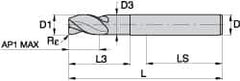 Kennametal - 0.787", 3 Flute, Single End, Solid Carbide, Corner Radius End Mill - 115mm OAL, 45° Helix, Right Hand Flute, 30mm LOC, Right Hand Cut, 60mm Extended Reach - Eagle Tool & Supply