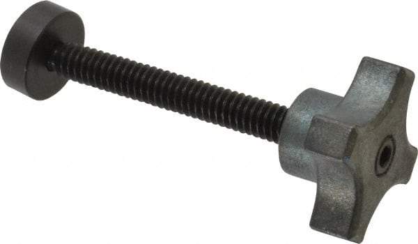 Made in USA - 1/4-20 Lobed Shoulder Swivel Pad Tip Steel Thumb Screw - 2-9/16" OAL, 1-1/8" Head Diam x 5/8" Head Height, Black Oxide Finish - Eagle Tool & Supply