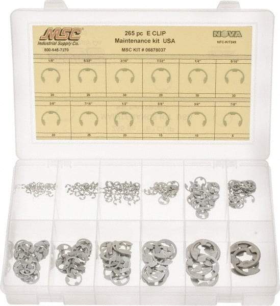 Made in USA - 265 Piece, 1/8 to 7/8", Steel, E Style External Retaining Ring Assortment - Includes Compartmented Case, Specification Labels - Eagle Tool & Supply