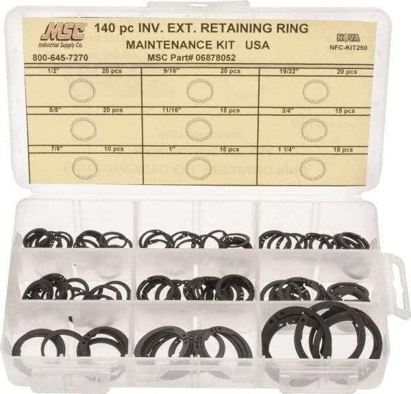 Made in USA - 140 Piece, 1/2 to 1-1/4", SpRing Assortment Steel, Snap External Retaining Ring Assortment - Includes Compartmented Case - Eagle Tool & Supply