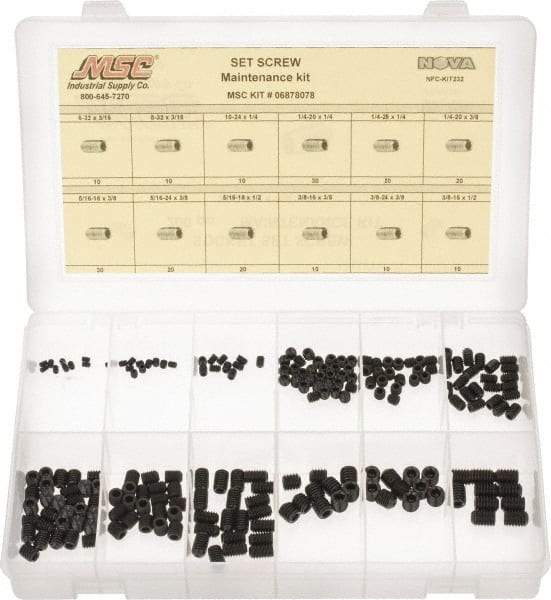 Value Collection - 200 Piece, #6-32 to 3/8-24, Steel Set Screw Assortment - Hex Head, Hex Socket Drive, 3/16 to 3/8" Long - Eagle Tool & Supply