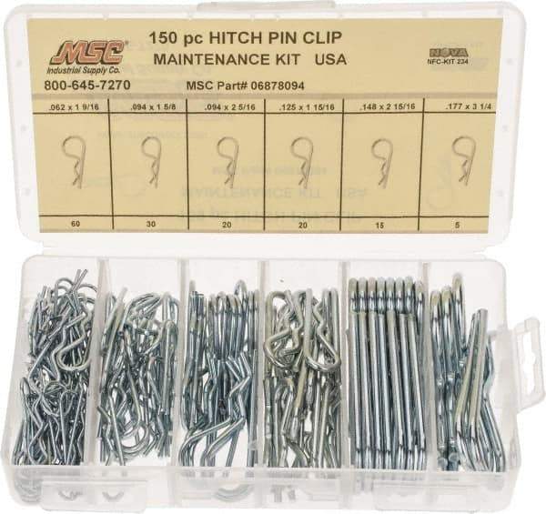 Value Collection - 150 Piece, 1/16 to 3/16" Pin Diam, Hitch Pin Assortment - 1-9/16 to 3-1/4" Long, Spring Steel - Eagle Tool & Supply